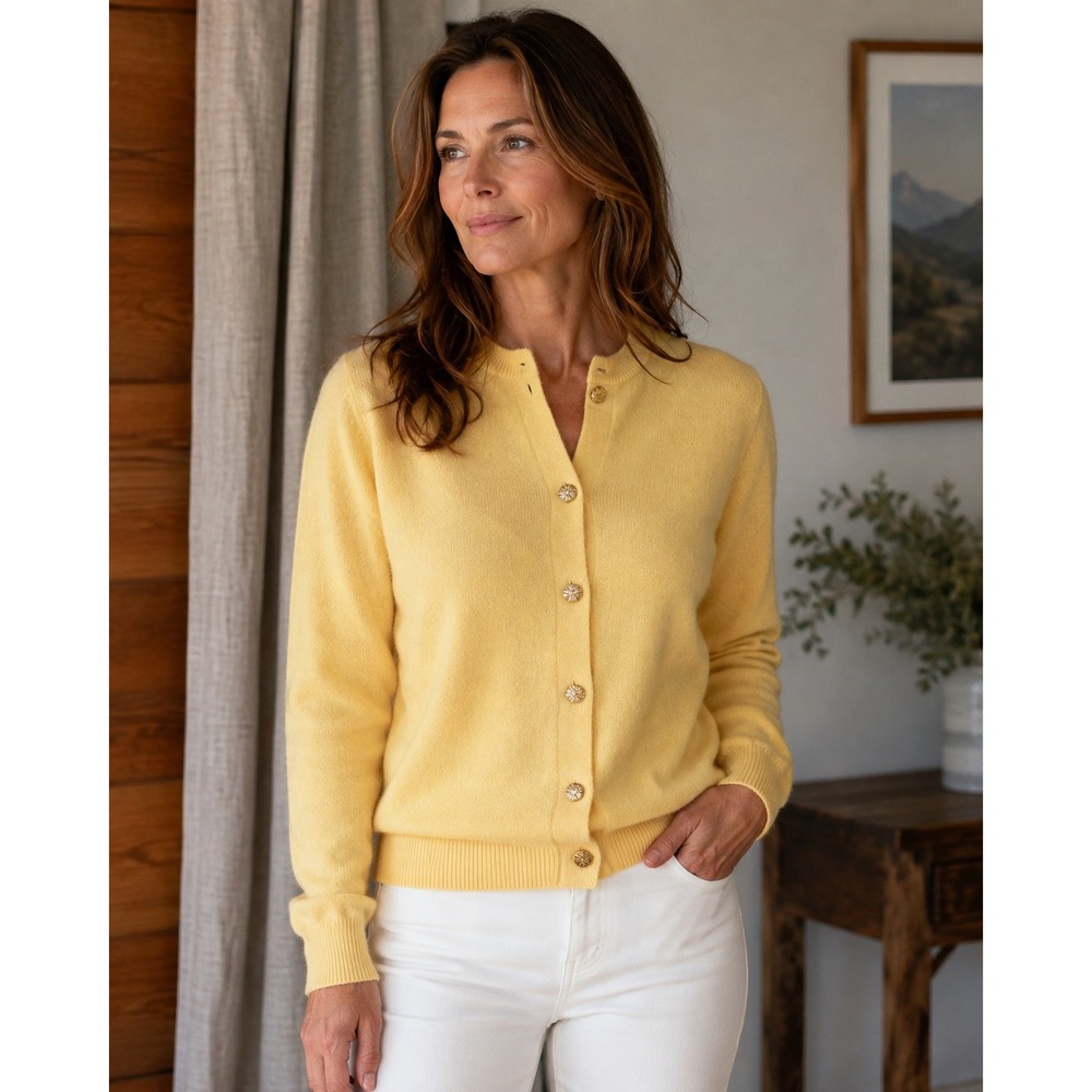 VTG Soraya of Lugano Ballantyne Yellow Cashmere Cardigan Scotland Gold Buttons M